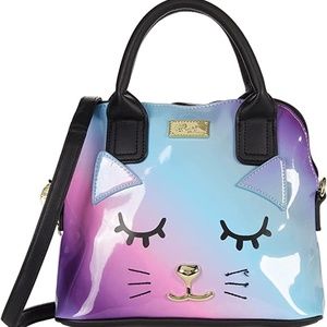 Betsey Johnson Ombre Purple, Pink, Blue, Black Satchel Xbody w Golden Cat Face